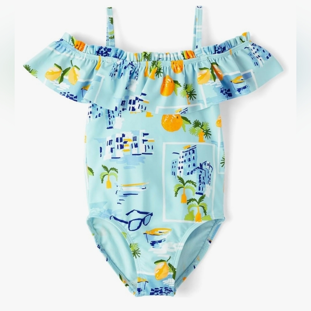 Gymboree Shoulder Ruffle Swimsuit Blue Orange Travel Vacation Print 18-24mo NEW